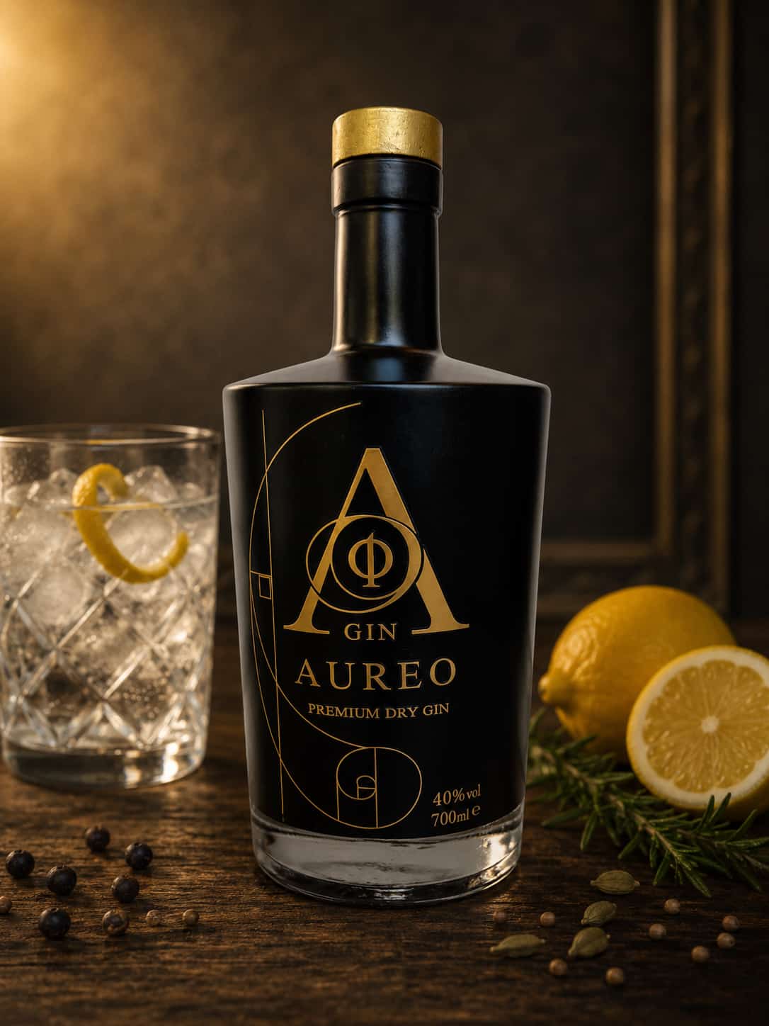 Gin Aureo — la bottiglia con bicchiere, limoni e botaniche